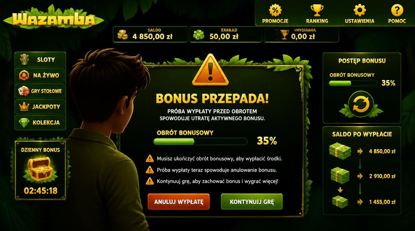 Gracz spogląda na ekran informujący, że bonus i wygrane przepadają przy wczesnej wypłacie