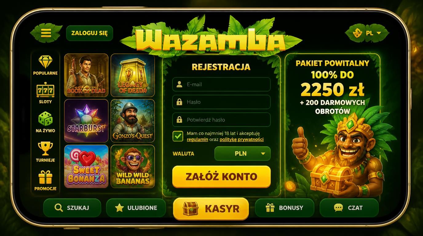 Smartfon z formularzem rejestracji oraz opcją bonusu w kasynie Wazamba na ekranie w polskim interfejsie