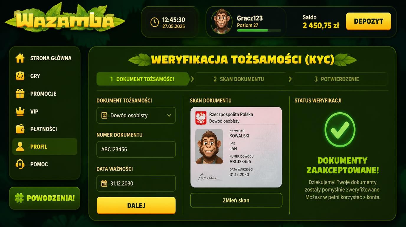Formularz weryfikacji KYC z zaznaczonymi wymaganymi dokumentami i zielonym potwierdzeniem
